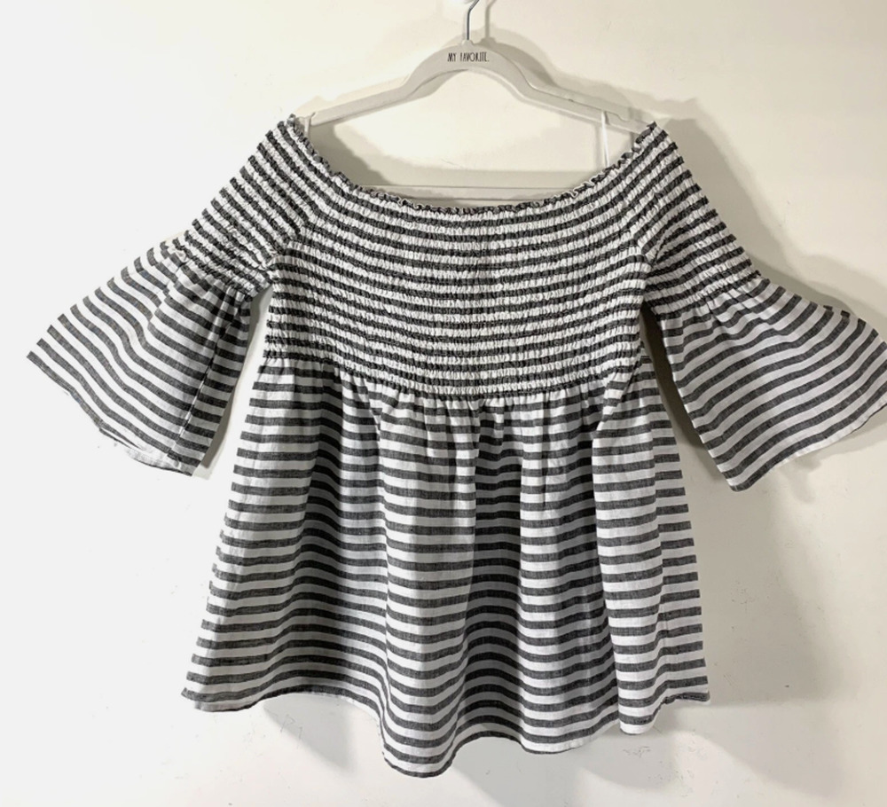Over the shoulder elastic Smocked Striped Linen Babydoll Top bell sleeves Sz- M